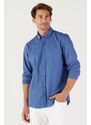 AC&Co / Altınyıldız Classics Men's Indigo Slim Fit Buttoned Collar Linen Look 100% Cotton Flared Shirt