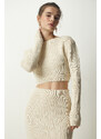 Happiness İstanbul Women's Cream Ribbed Crop Knitwear Sweater Skirt Suit