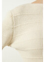 Happiness İstanbul Women's Cream Ribbed Crop Knitwear Sweater Skirt Suit