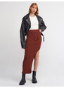 Dilvin 80108 Left Side Slit Knitwear Skirt-brown