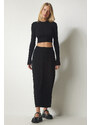 Happiness İstanbul Women's Black Ribbed Knitwear Crop Skirt Suit