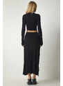 Happiness İstanbul Women's Black Ribbed Knitwear Crop Skirt Suit