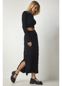 Happiness İstanbul Women's Black Ribbed Knitwear Crop Skirt Suit