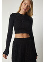 Happiness İstanbul Women's Black Ribbed Knitwear Crop Skirt Suit