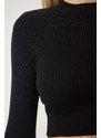 Happiness İstanbul Women's Black Ribbed Knitwear Crop Skirt Suit