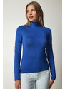Happiness İstanbul Women's Blue High Collar Saran Stretchy Knitted Blouse