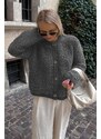 Madmext Anthracite Buttoned Boucle Knitwear Cardigan