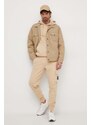 Bavlněná mikina Calvin Klein Jeans pánská, béžová barva, s kapucí, hladká