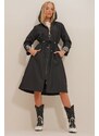 Trend Alaçatı Stili Women's Black Inner Line Block And Lined Waist Belt Hooded Zippered Trench Coat