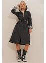 Trend Alaçatı Stili Women's Black Inner Line Block And Lined Waist Belt Hooded Zippered Trench Coat