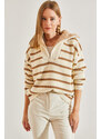 Bianco Lucci Women's Collar Shearling Striped Zippered Knitwear Sweater