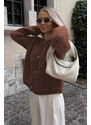 Madmext Brown Buttoned Boucle Knitwear Cardigan