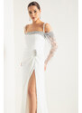 Lafaba Women's White Thin Strappy Stone Long Evening Dress