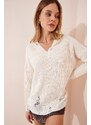 Happiness İstanbul Women's Cream V-Neck Ripped Detail Knitwear Sweater
