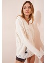 Happiness İstanbul Women's Cream V-Neck Ripped Detail Knitwear Sweater