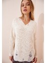 Happiness İstanbul Women's Cream V-Neck Ripped Detail Knitwear Sweater