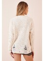 Happiness İstanbul Women's Cream V-Neck Ripped Detail Knitwear Sweater