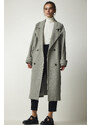 Happiness İstanbul Štěstí İstanbul Dámský šedý dvouřadý krk s páskem Oversize Cachet Coat