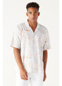 AC&Co / Altınyıldız Classics Men's Beige-brown Oversized Loose Cut Cuban Collar 100% Cotton Printed Short Sleeve Shirt.