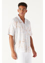 AC&Co / Altınyıldız Classics Men's Beige-brown Oversized Loose Cut Cuban Collar 100% Cotton Printed Short Sleeve Shirt.