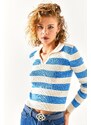 Olalook Women's Sky Blue Polo Neck Thick Striped Knitwear Blouse