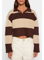 Trendyol Brown Color Block Polo Neck Relaxed Cut Crop Thick Knitted Sweatshirt