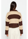 Trendyol Brown Color Block Polo Neck Relaxed Cut Crop Thick Knitted Sweatshirt