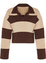 Trendyol Brown Color Block Polo Neck Relaxed Cut Crop Thick Knitted Sweatshirt