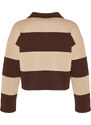 Trendyol Brown Color Block Polo Neck Relaxed Cut Crop Thick Knitted Sweatshirt