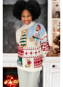 Trendyol Stone Christmas Themed Oversize Soft Textured Patterned Knitwear Sweater