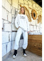 Trend Alaçatı Stili Women's White Hoodie, Kangaroo Pocket 3 Thread Printed Top and Bottom Set