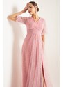 Lafaba Women's Pink Balloon Sleeve Silvery Long Evening Dress