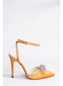 Fox Shoes Women's Heeled Shoes with Orange Satin Fabric and Stones