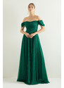 Lafaba Dámské smaragdově zelené lodičkové šaty s dlouhým stříbřitým výstřihem