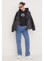 Bavlněná mikina Tommy Jeans dámská, černá barva, s kapucí, s potiskem