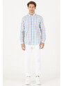 AC&Co / Altınyıldız Classics Men's Beige-Blue Slim Fit Slim Fit Button-down Collar Cotton Check Shirt