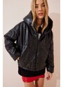 Happiness İstanbul Women's Black Hooded Faux Leather Down Coat