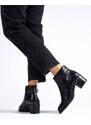 DASZYŃSKI Výborné černé dámské kotníčkové boty na plochém podpatku