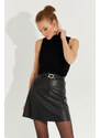 Cool & Sexy Women's Black Buckle Faux Leather Mini Skirt