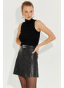 Cool & Sexy Women's Black Buckle Faux Leather Mini Skirt