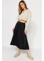 Trendyol Black Pleated Satin Midi Woven Skirt