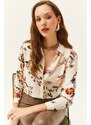 Olalook Women's Ecru Floral Patterned Woven Viscose Shirt