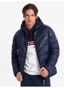 Ombre Men's winter quilted jacket of combined materials - navy blue