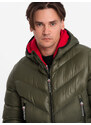 Ombre Men's quilted winter jacket with combined materials - dark olive green