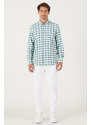 AC&Co / Altınyıldız Classics Men's White-green Slim Fit Slim Fit Button-down Collar Check Shirt