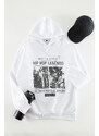 Trendyol White Men's Oversize/Wide-Fit Hooded Rap Music Printed Fleece Cotton Sweatshirt.