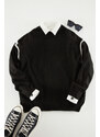 Trendyol Black Oversize Crew Neck Piping Detailed Knitwear Sweater
