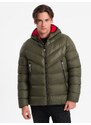 Ombre Men's quilted winter jacket with combined materials - dark olive green