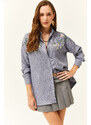 Olalook Women's Indigo Embroidered Pearled Wool Effect Oversize Winter Shirt