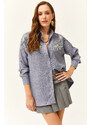 Olalook Women's Indigo Embroidered Pearled Wool Effect Oversize Winter Shirt